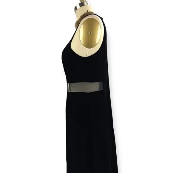 90's sexy black velvet long fitted dress with high slit and mesh crystal trim - Picture 13 of 16